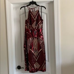 Sequin cocktail dress, burgundy/gold/blk